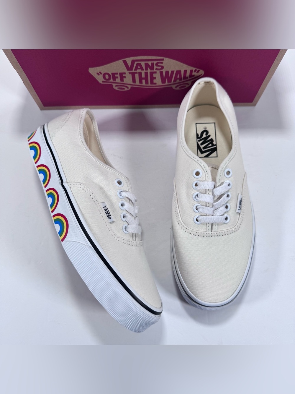 Vans Authentic Rainbow Sidewall Marshmallow White Sneakers Women 8 Men 6.5
